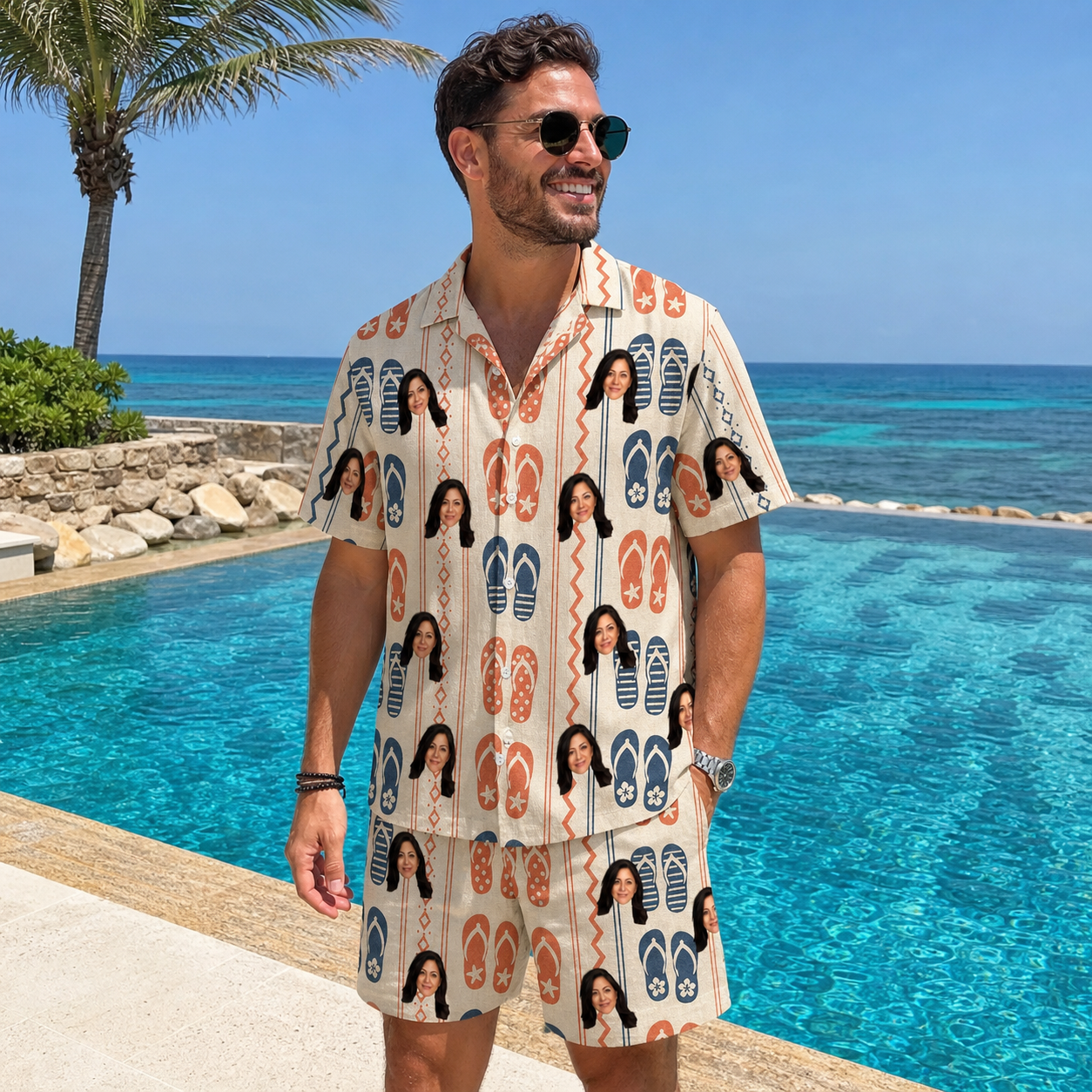 Real-life photo of someone wearing Men's Sole Mates Custom Face Shirt & Shorts Set — custom faces printed all-over
