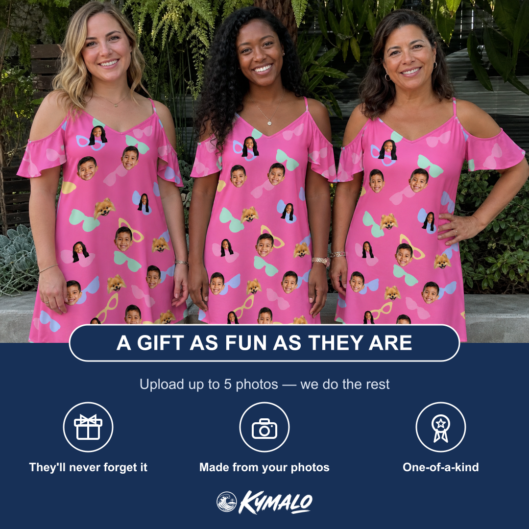 Friends in matching Women's Sunbound Siblings Custom Face Off-Shoulder Dress — a group gift photo