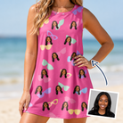 Woman wearing Women's Sunbound Siblings Custom Face Tank Dress — custom faces printed all-over
