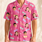 Model wearing Men's Sunbound Siblings Custom Face Hawaiian Shirt printed with kids' faces