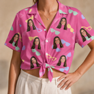 Woman wearing Women's Sunbound Siblings Custom Face Hawaiian Shirt tied at the waist