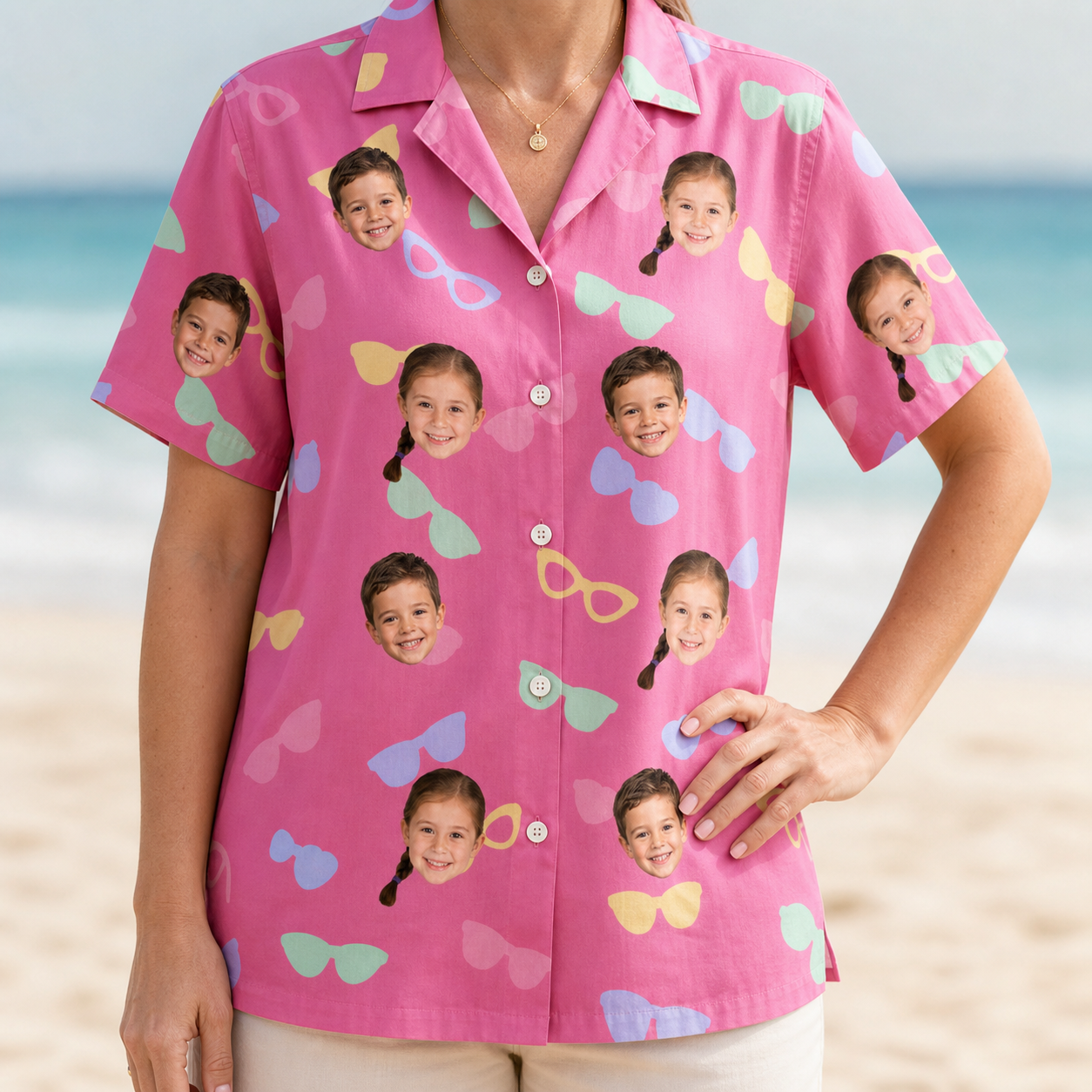 Model wearing Women's Sunbound Siblings Custom Face Hawaiian Shirt printed with kids' faces