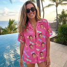 Real-life photo of someone wearing Women's Sunbound Siblings Custom Face Hawaiian Shirt — custom faces printed all-over