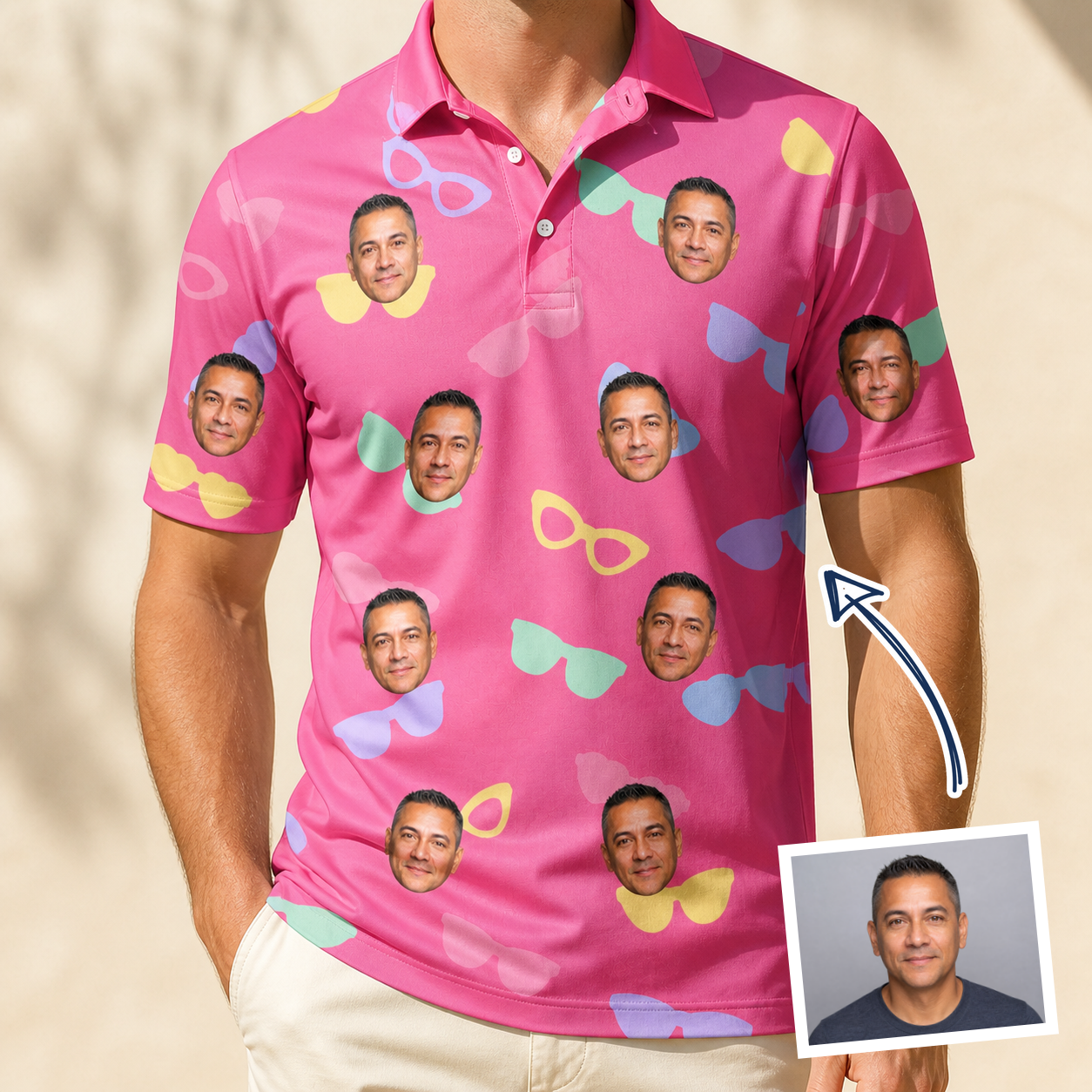 Man wearing Men's Sunbound Siblings Custom Face Polo Shirt — custom faces printed all-over