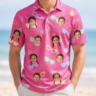 Model wearing Men's Sunbound Siblings Custom Face Polo Shirt printed with kids' faces
