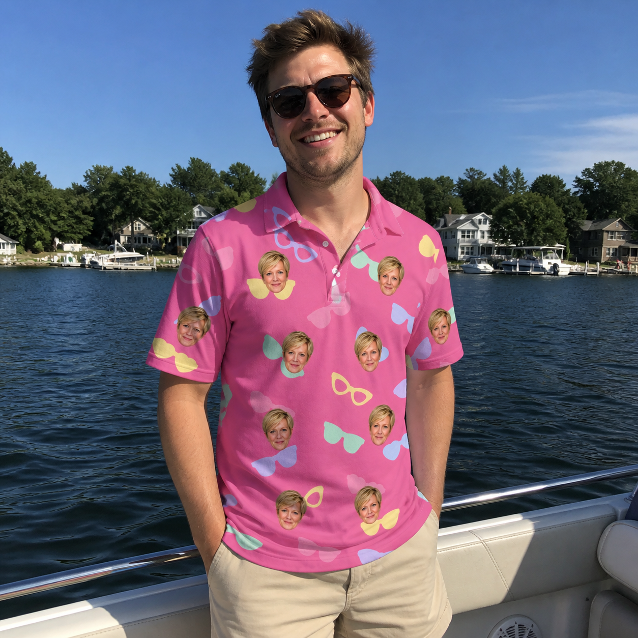 Real-life photo of someone wearing Men's Sunbound Siblings Custom Face Polo Shirt — custom faces printed all-over