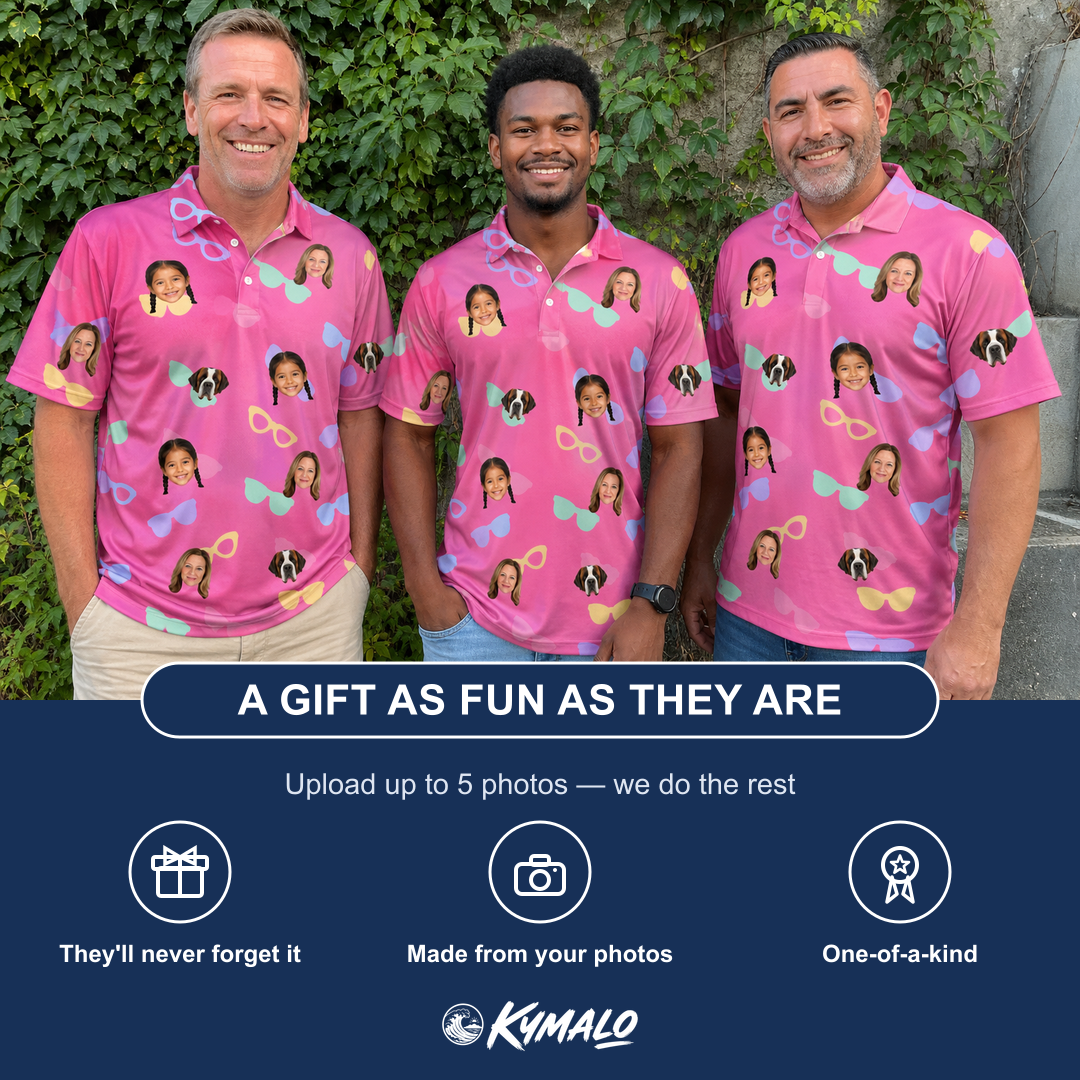 Friends in matching Men's Sunbound Siblings Custom Face Polo Shirt — a group gift photo