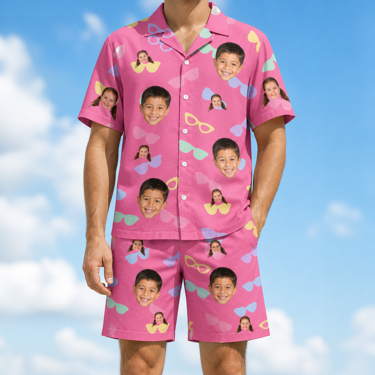 Model wearing Men's Sunbound Siblings Custom Face Shirt & Shorts Set printed with kids' faces