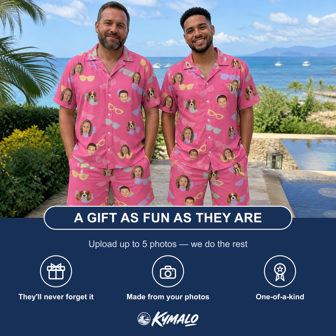 Friends in matching Men's Sunbound Siblings Custom Face Shirt & Shorts Set — a group gift photo