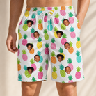Model wearing Men's Poolside Pips Custom Face Beach Shorts printed with kids' faces
