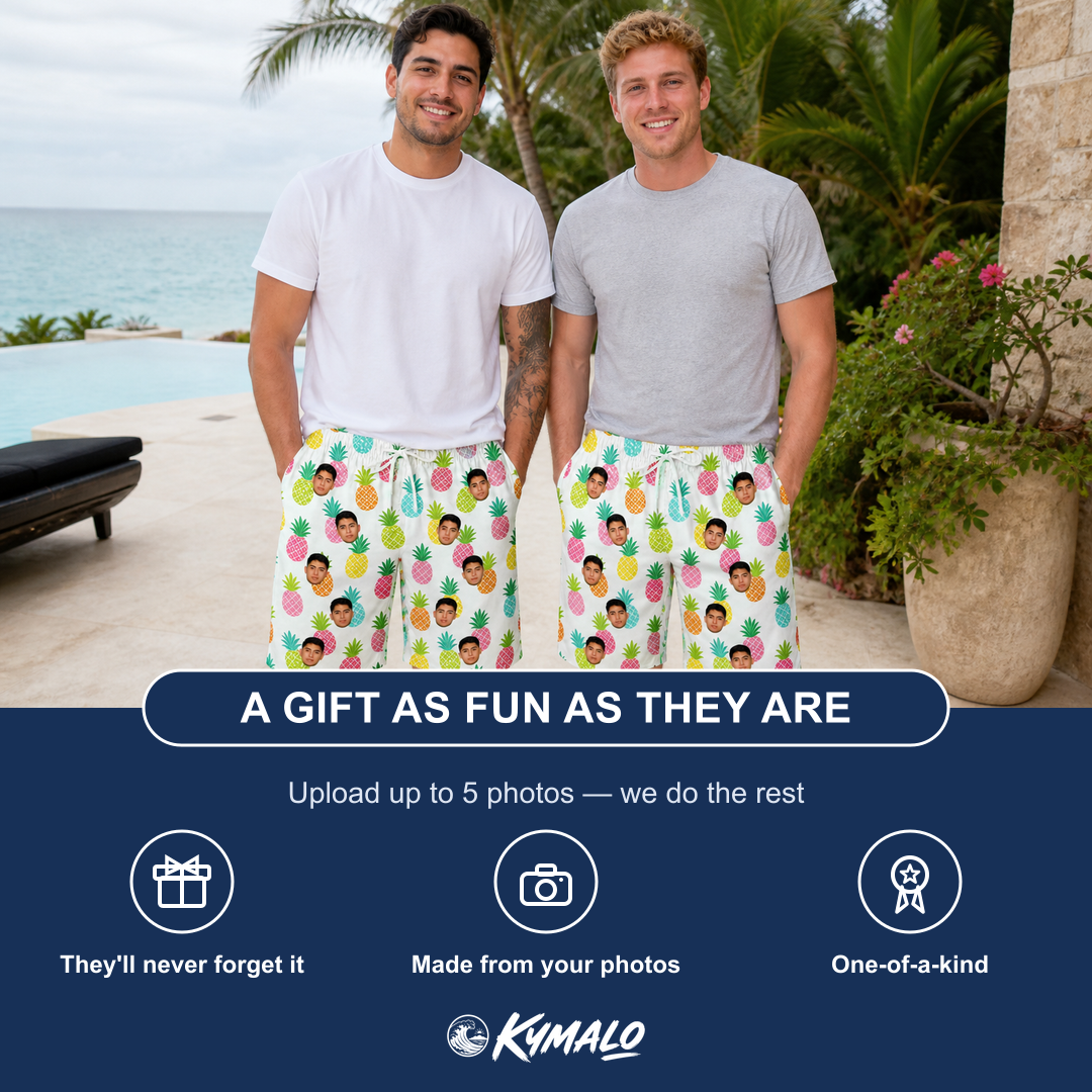 Friends in matching Men's Poolside Pips Custom Face Beach Shorts — a group gift photo