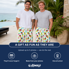 Friends in matching Men's Poolside Pips Custom Face Beach Shorts — a group gift photo