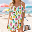 Woman wearing Women's Poolside Pips Custom Face Off-Shoulder Dress — custom faces printed all-over