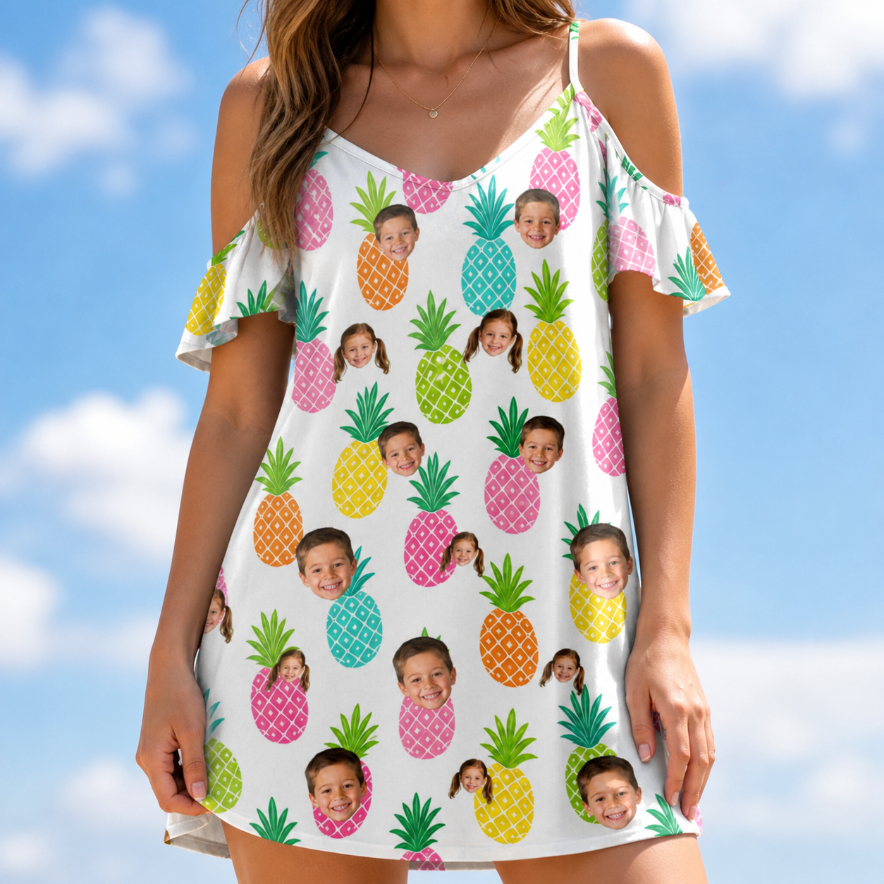 Model wearing Women's Poolside Pips Custom Face Off-Shoulder Dress printed with kids' faces