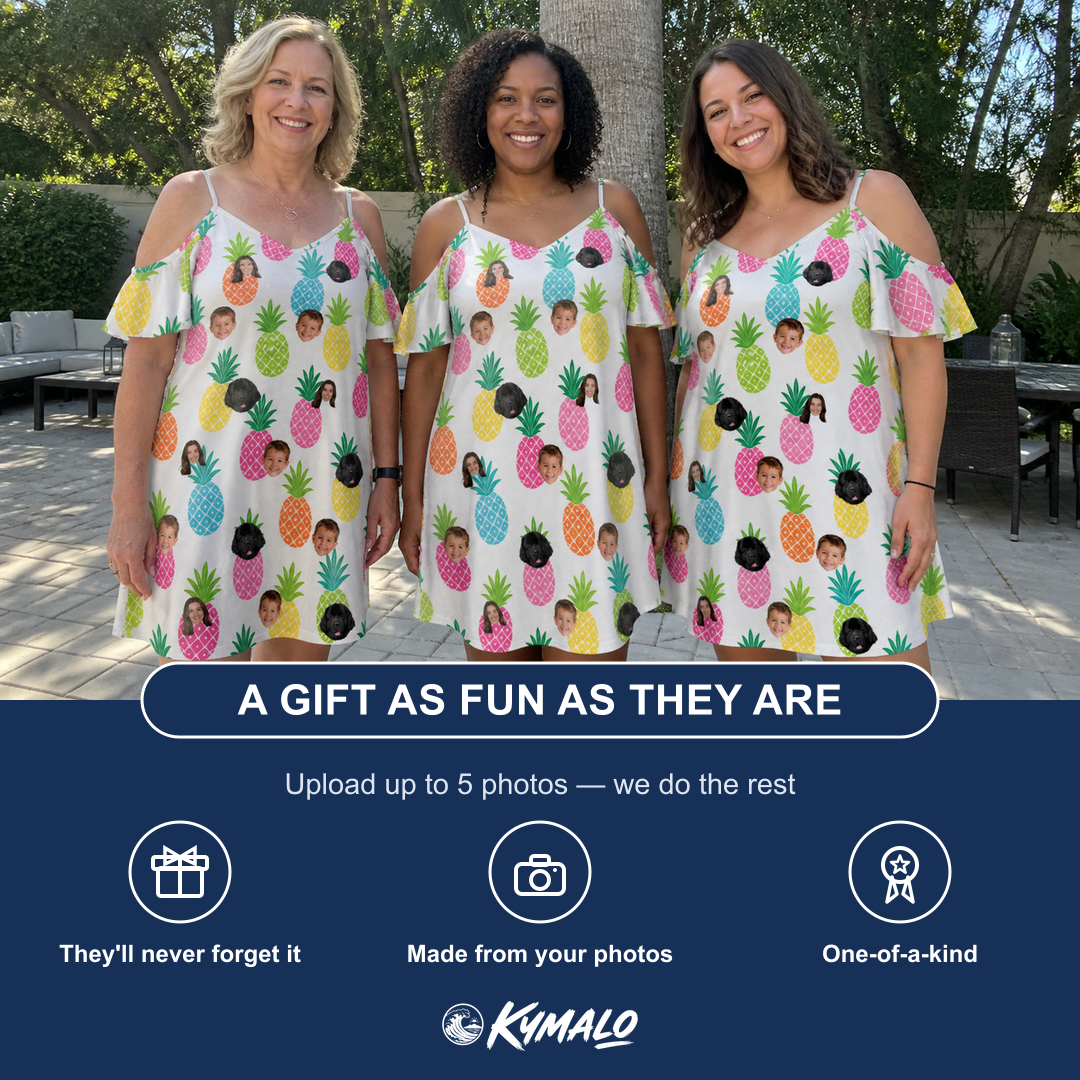 Friends in matching Women's Poolside Pips Custom Face Off-Shoulder Dress — a group gift photo