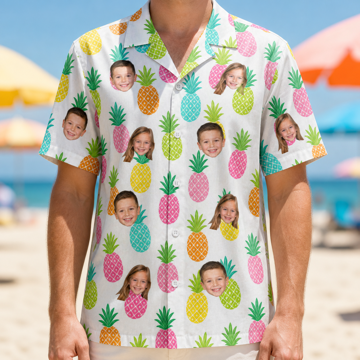 Model wearing Men's Poolside Pips Custom Face Hawaiian Shirt printed with kids' faces