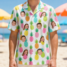 Model wearing Men's Poolside Pips Custom Face Hawaiian Shirt printed with kids' faces