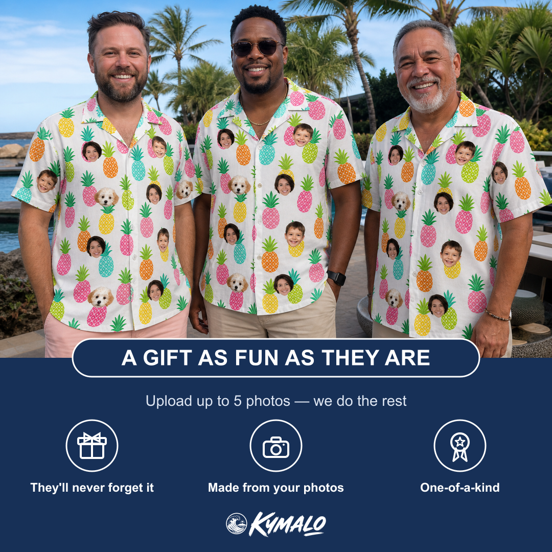 Friends in matching Men's Poolside Pips Custom Face Hawaiian Shirt — a group gift photo
