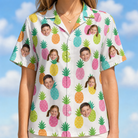 Model wearing Women's Poolside Pips Custom Face Hawaiian Shirt printed with kids' faces