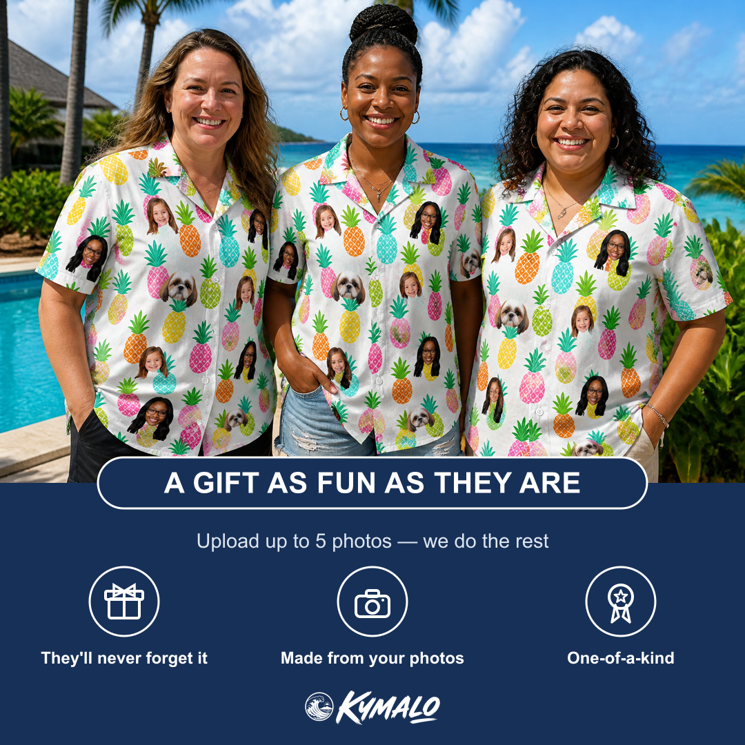 Friends in matching Women's Poolside Pips Custom Face Hawaiian Shirt — a group gift photo
