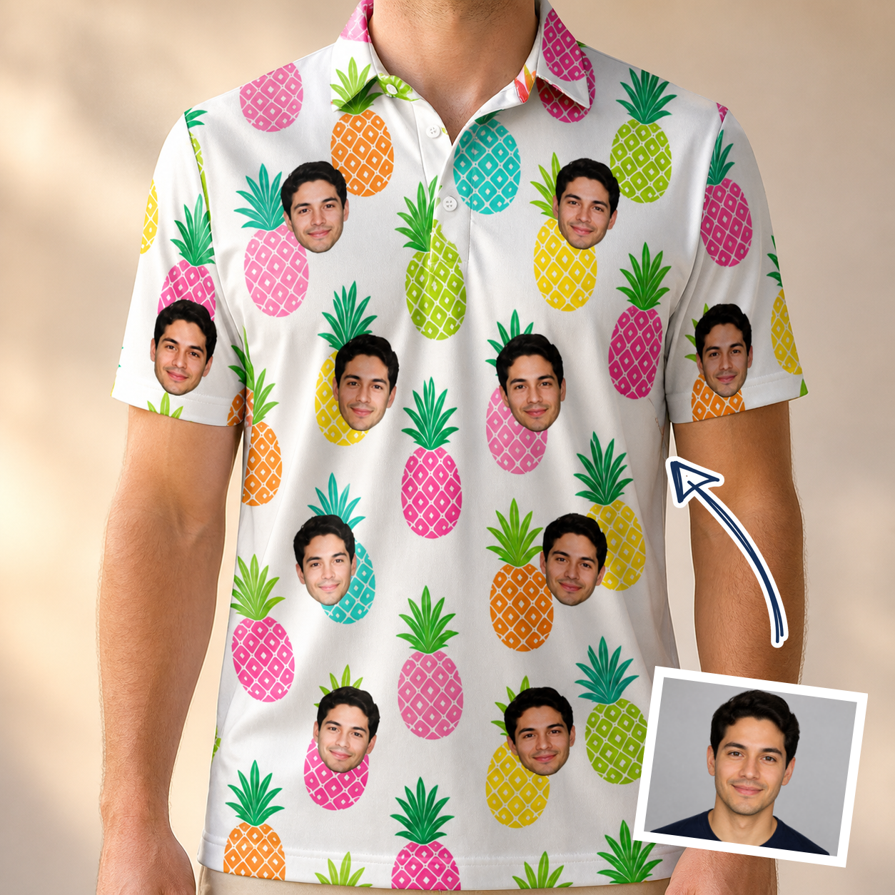 Man wearing Men's Poolside Pips Custom Face Polo Shirt — custom faces printed all-over