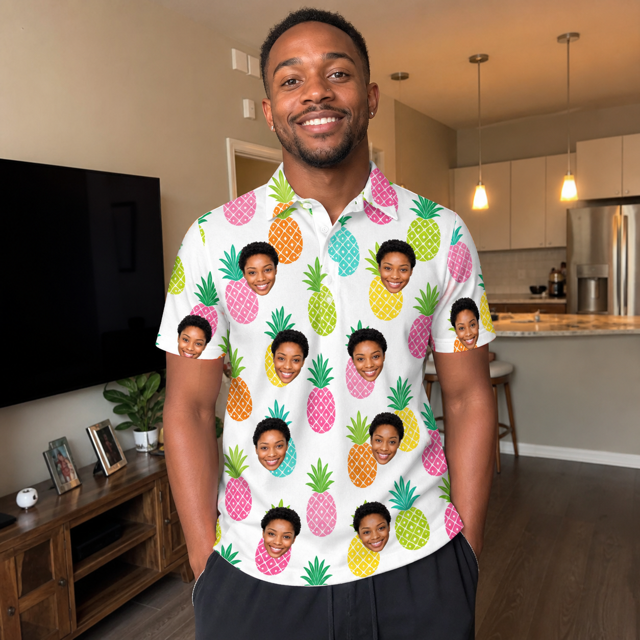 Real-life photo of someone wearing Men's Poolside Pips Custom Face Polo Shirt — custom faces printed all-over