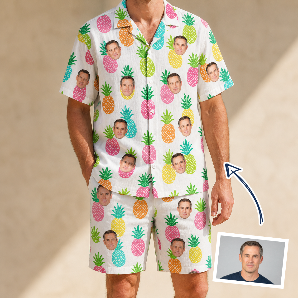 Man wearing Men's Poolside Pips Custom Face Shirt & Shorts Set — custom faces printed all-over
