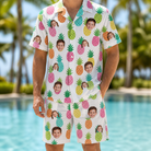 Model wearing Men's Poolside Pips Custom Face Shirt & Shorts Set printed with kids' faces