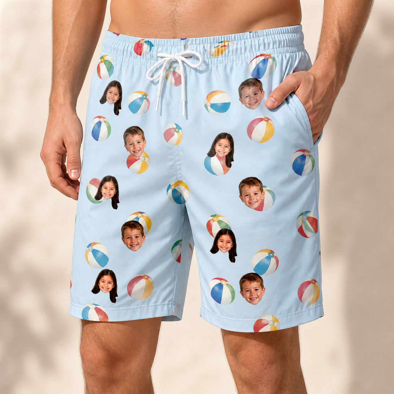 Model wearing Men's Family Floaties Custom Face Beach Shorts printed with kids' faces