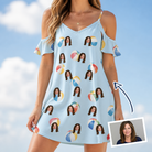 Woman wearing Women's Family Floaties Custom Face Off-Shoulder Dress — custom faces printed all-over