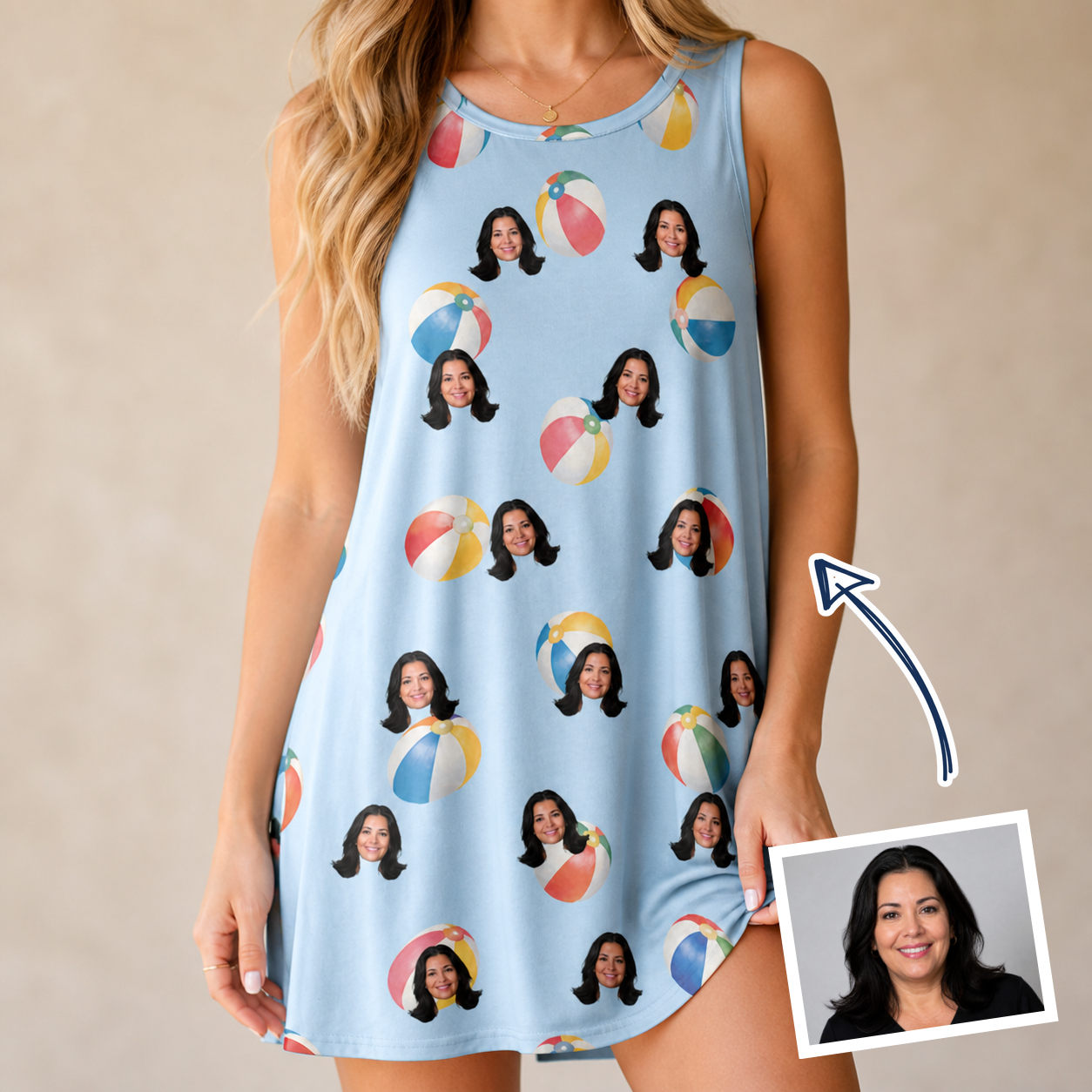 Woman wearing Women's Family Floaties Custom Face Tank Dress — custom faces printed all-over