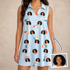 Woman wearing Women's Family Floaties Custom Face V-Neck Dress — custom faces printed all-over