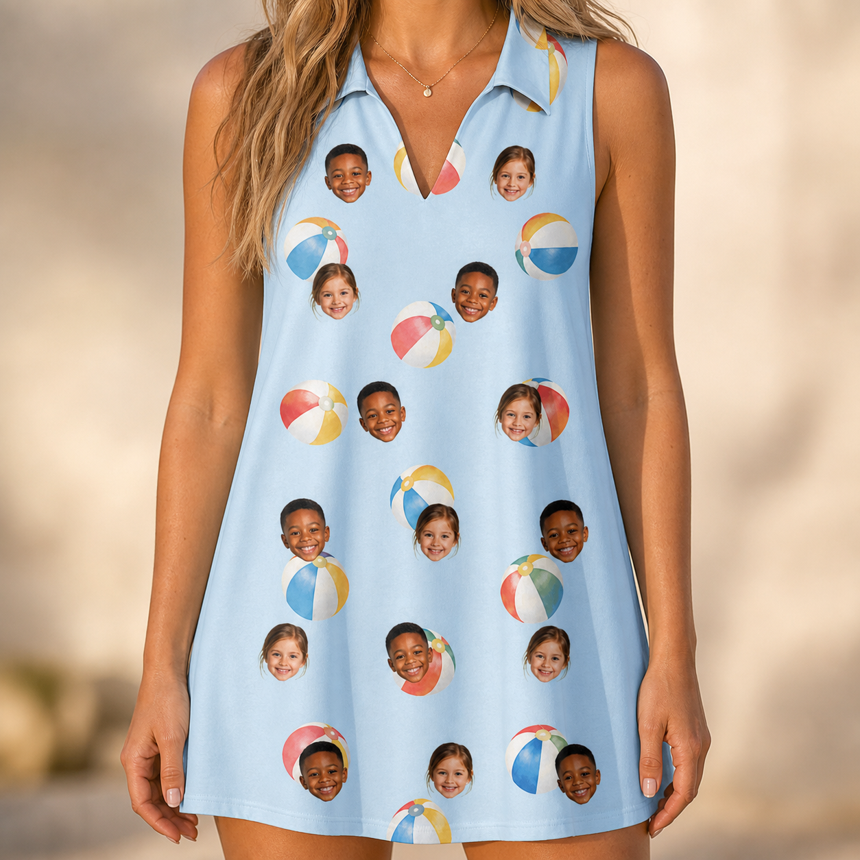 Model wearing Women's Family Floaties Custom Face V-Neck Dress printed with kids' faces