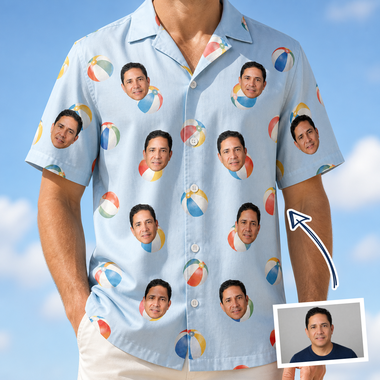 Man wearing Men's Family Floaties Custom Face Hawaiian Shirt — custom faces printed all-over
