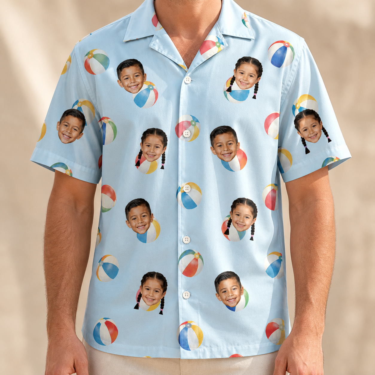 Model wearing Men's Family Floaties Custom Face Hawaiian Shirt printed with kids' faces