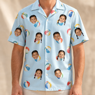 Model wearing Men's Family Floaties Custom Face Hawaiian Shirt printed with kids' faces