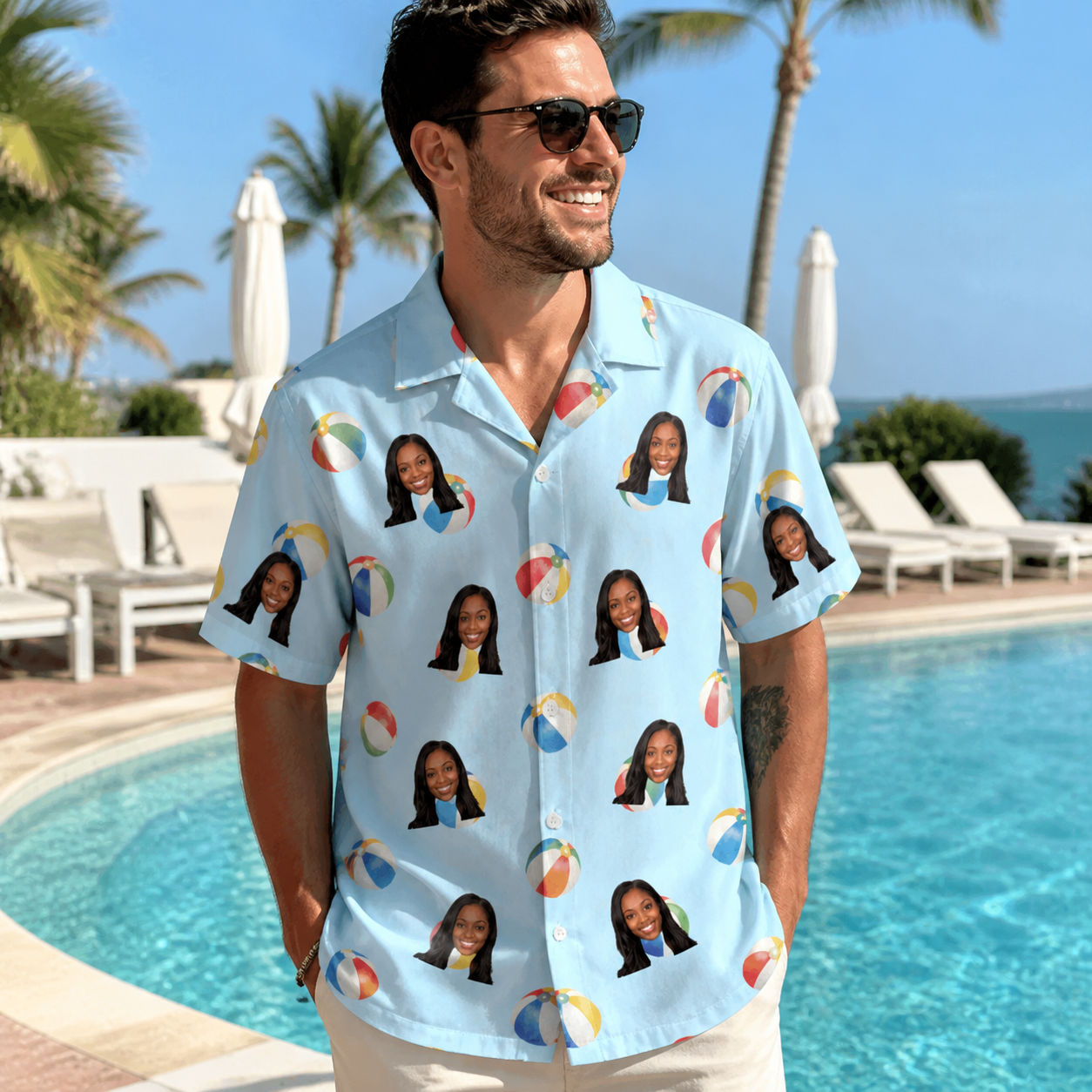 Real-life photo of someone wearing Men's Family Floaties Custom Face Hawaiian Shirt — custom faces printed all-over