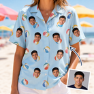 Woman wearing Women's Family Floaties Custom Face Hawaiian Shirt — custom faces printed all-over
