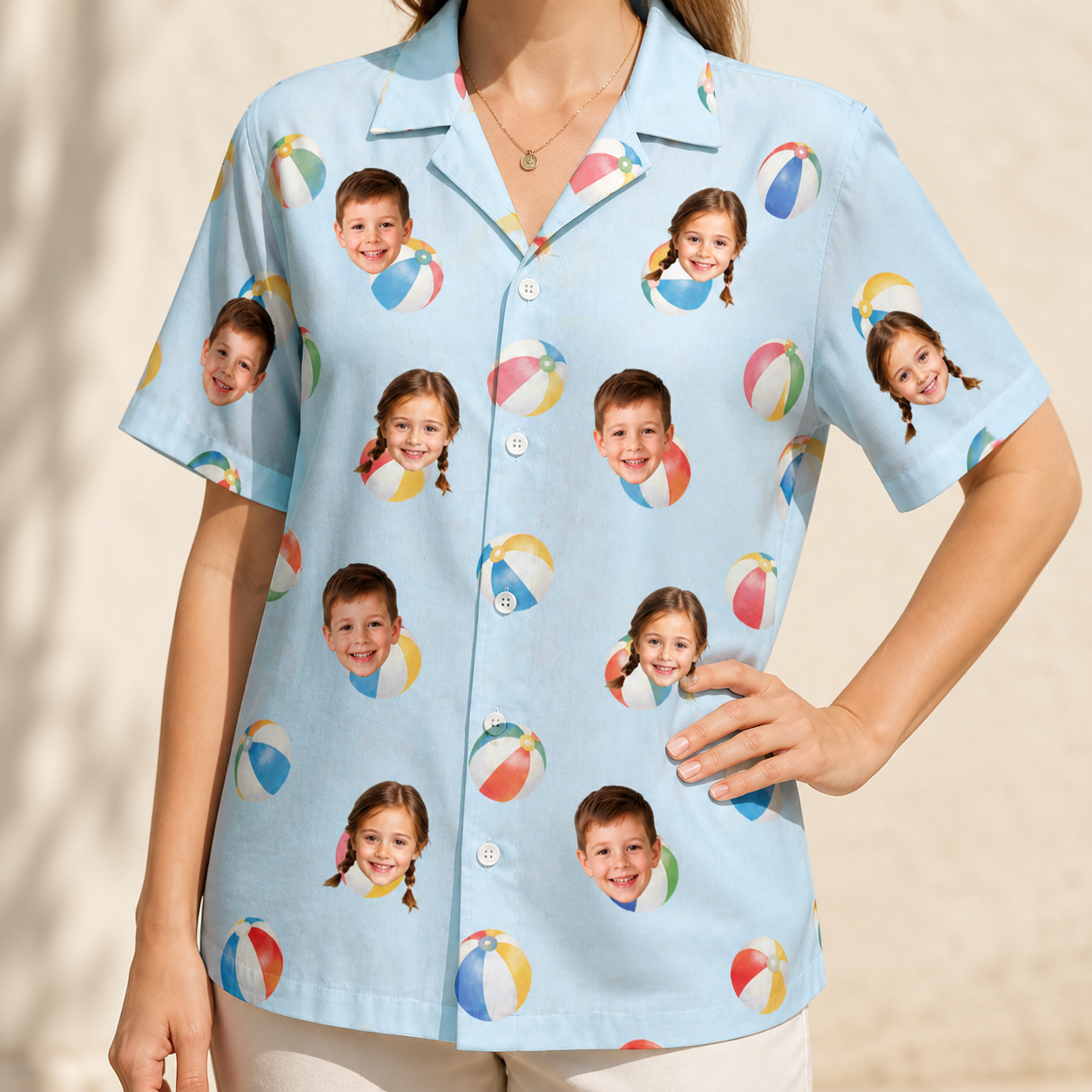 Model wearing Women's Family Floaties Custom Face Hawaiian Shirt printed with kids' faces