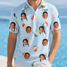 Model wearing Men's Family Floaties Custom Face Polo Shirt printed with kids' faces