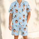 Model wearing Men's Family Floaties Custom Face Shirt & Shorts Set printed with kids' faces