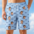Model wearing Men's Tri-Tone Tints Custom Face Beach Shorts printed with kids' faces