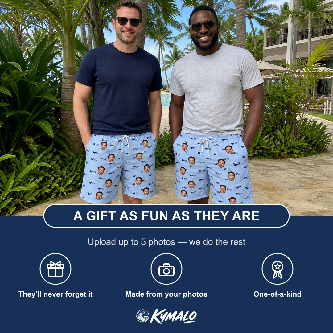 Friends in matching Men's Tri-Tone Tints Custom Face Beach Shorts — a group gift photo