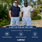 Friends in matching Men's Tri-Tone Tints Custom Face Beach Shorts — a group gift photo