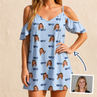 Woman wearing Women's Tri-Tone Tints Custom Face Off-Shoulder Dress — custom faces printed all-over