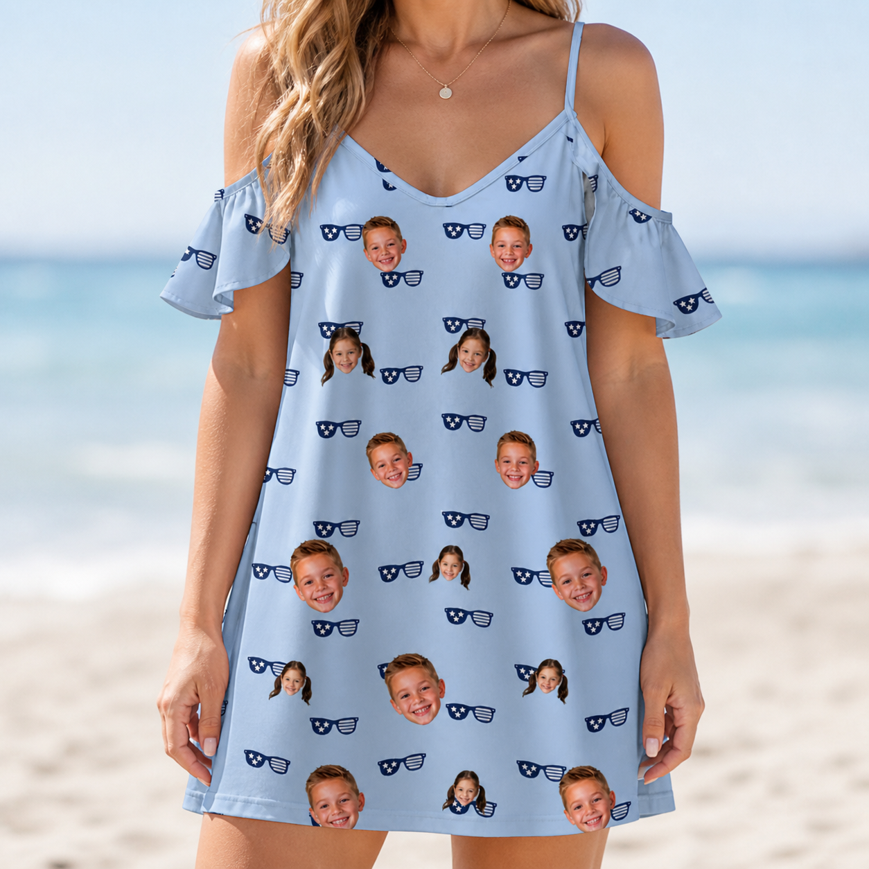 Model wearing Women's Tri-Tone Tints Custom Face Off-Shoulder Dress printed with kids' faces