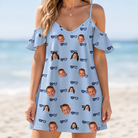 Model wearing Women's Tri-Tone Tints Custom Face Off-Shoulder Dress printed with kids' faces