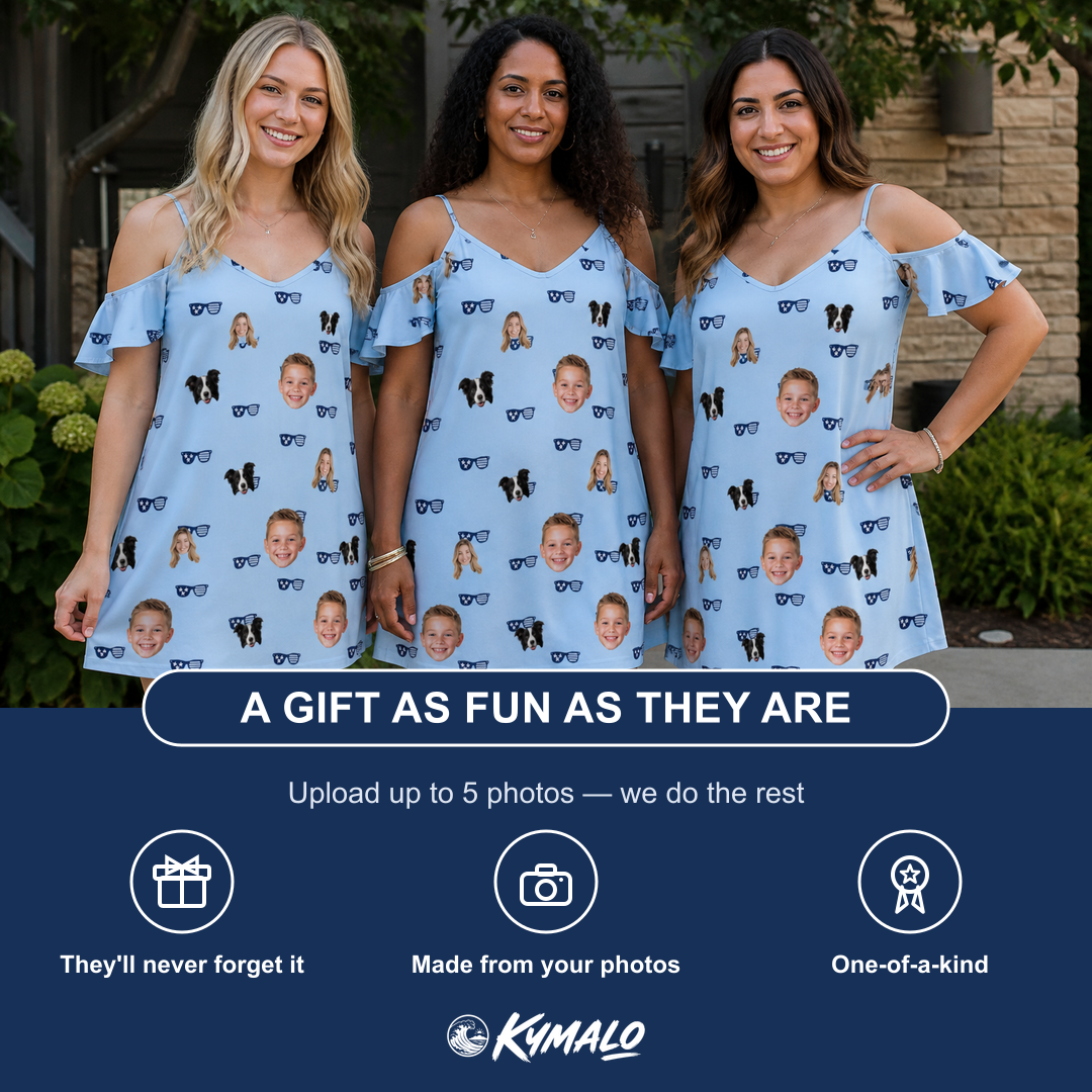 Friends in matching Women's Tri-Tone Tints Custom Face Off-Shoulder Dress — a group gift photo