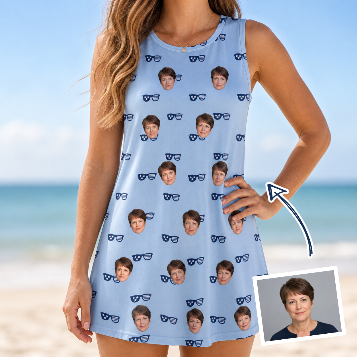 Woman wearing Women's Tri-Tone Tints Custom Face Tank Dress — custom faces printed all-over