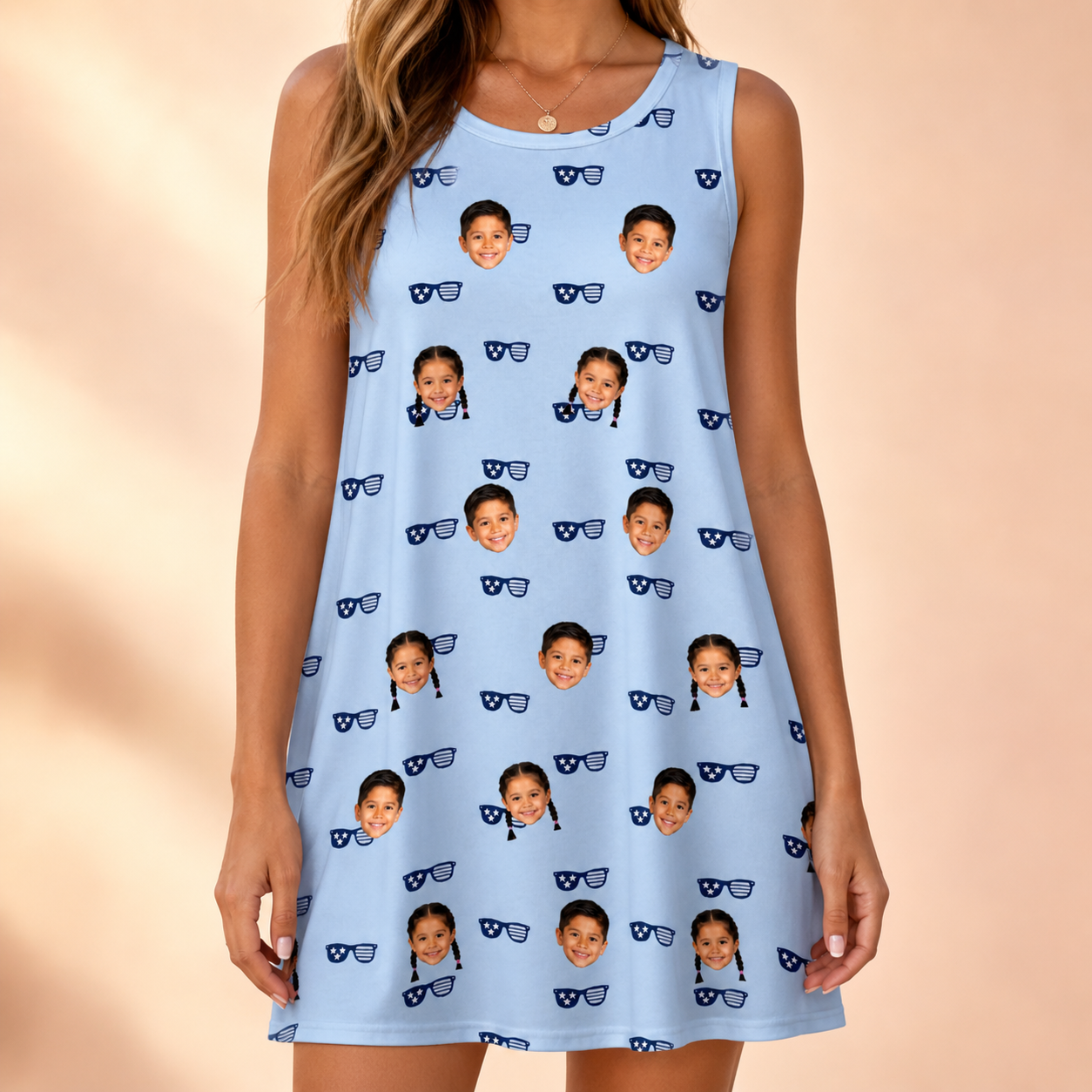 Model wearing Women's Tri-Tone Tints Custom Face Tank Dress printed with kids' faces